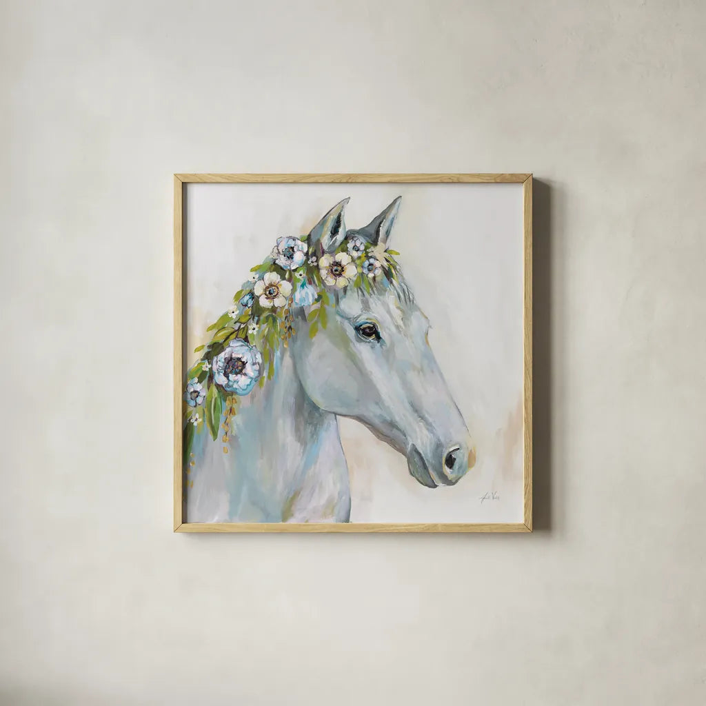 Lovely I Blue Flowers by Jeanette Vertentes. Shown in a natural wood glass frame for a timeless modern aesthetic. Available as an archival giclee rolled canvas, fine art paper, or poster print. SKU 68932a.