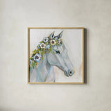 Lovely I Blue Flowers by Jeanette Vertentes. Shown in a natural wood glass frame for a timeless modern aesthetic. Available as an archival giclee rolled canvas, fine art paper, or poster print. SKU 68932a.