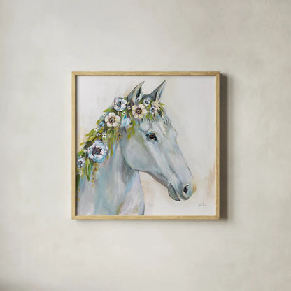 Lovely I Blue Flowers by Jeanette Vertentes. Shown in a natural wood glass frame for a timeless modern aesthetic. Available as an archival giclee rolled canvas, fine art paper, or poster print. SKU 68932a.