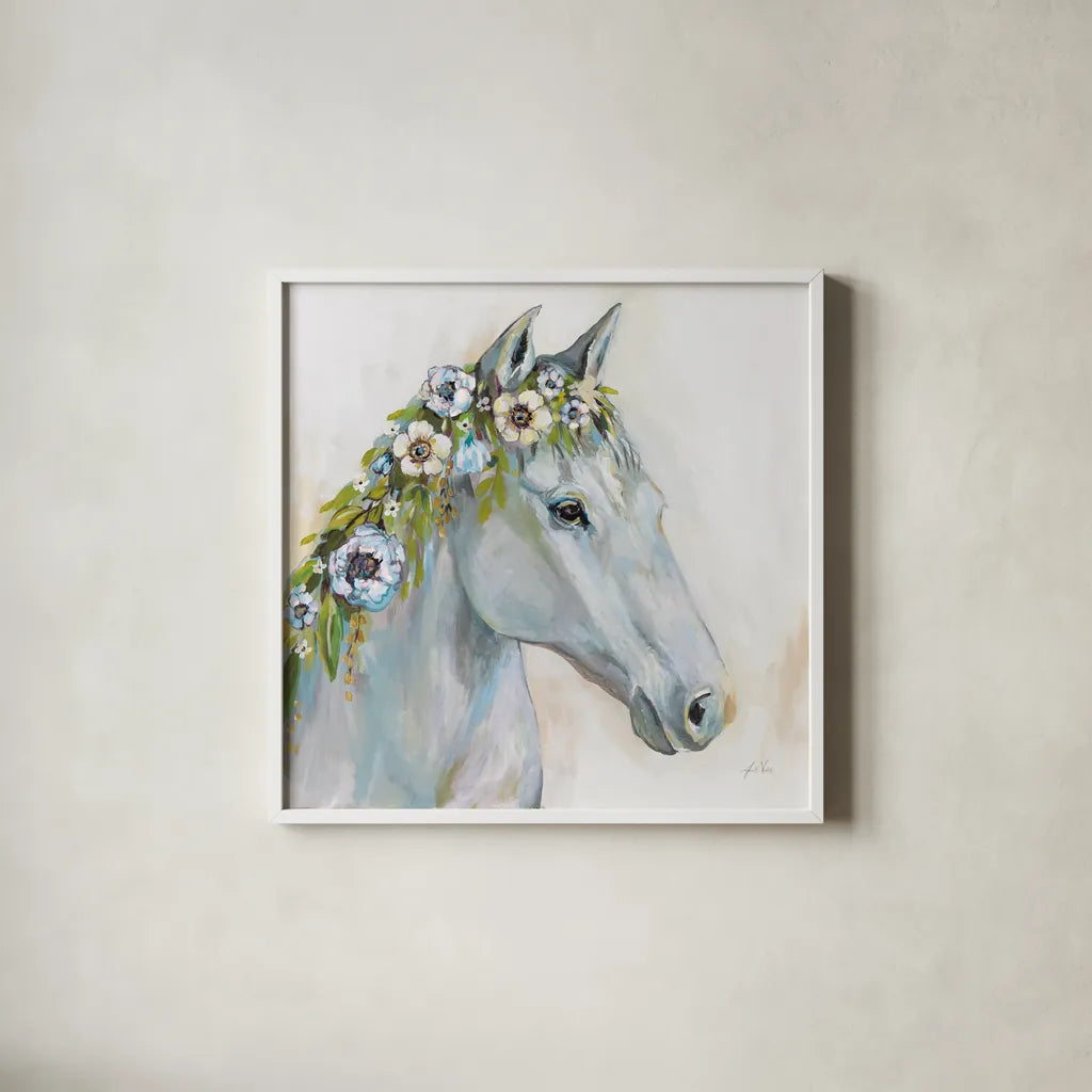 Lovely I Blue Flowers by Jeanette Vertentes. Shown in a crisp white glass frame for a clean and minimalist style. Available as an archival giclee rolled canvas, fine art paper, or poster print. SKU 68932a.