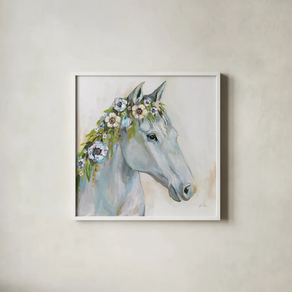 Lovely I Blue Flowers by Jeanette Vertentes. Shown in a crisp white glass frame for a clean and minimalist style. Available as an archival giclee rolled canvas, fine art paper, or poster print. SKU 68932a.