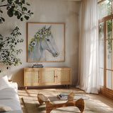 Lovely I Blue Flowers by Jeanette Vertentes. Shown in a natural wood frame in a cozy modern living room. Available as an archival giclee rolled canvas, fine art paper, or poster print. SKU 68932a.