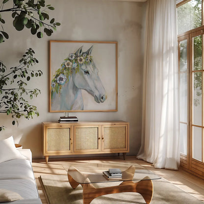 Lovely I Blue Flowers by Jeanette Vertentes. Shown in a natural wood frame in a cozy modern living room. Available as an archival giclee rolled canvas, fine art paper, or poster print. SKU 68932a.