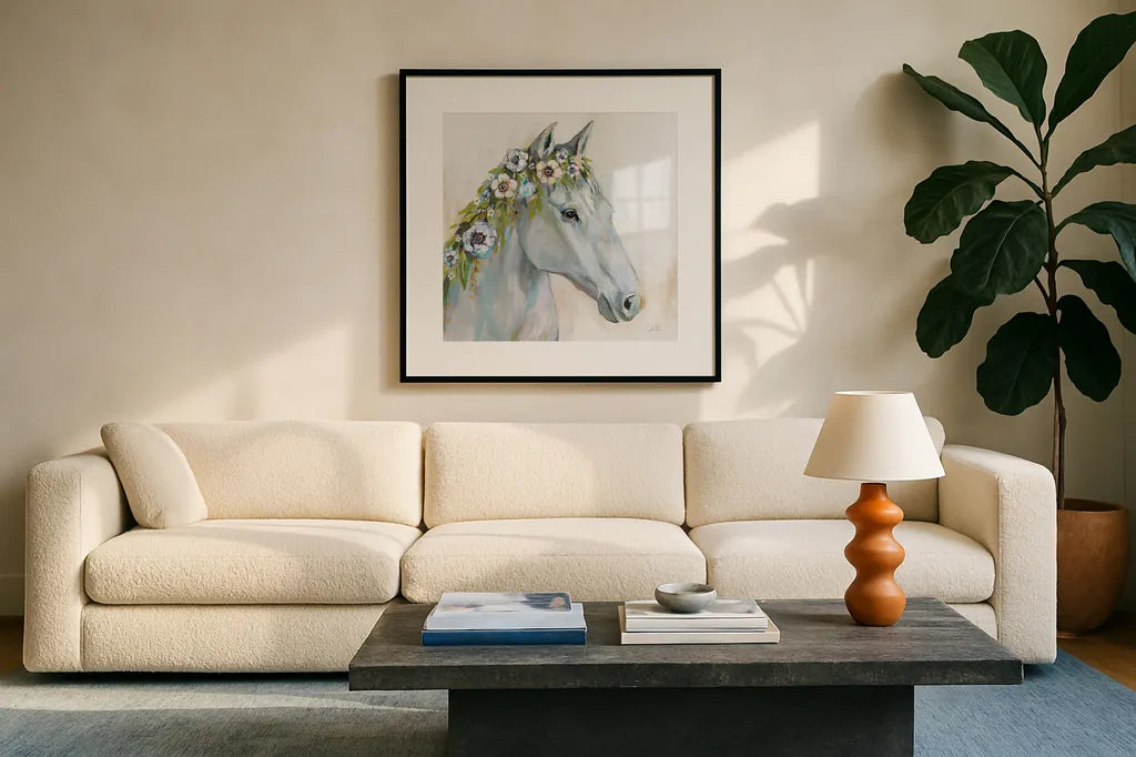 Lovely I Blue Flowers by Jeanette Vertentes. Displayed in a glass frame with matte in a clean modern living room. Available as an archival giclee rolled canvas, fine art paper, or poster print. SKU 68932a.