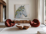 Lovely I Blue Flowers by Jeanette Vertentes. Shown as extra-large giant wall art in a modern living room. Available as an archival giclee rolled canvas, fine art paper, or poster print. SKU 68932a.