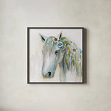 Lovely II Blue Flowers by Jeanette Vertentes. Shown in a sleek black glass frame for a contemporary gallery look. Available as an archival giclee rolled canvas, fine art paper, or poster print. SKU 68933a.