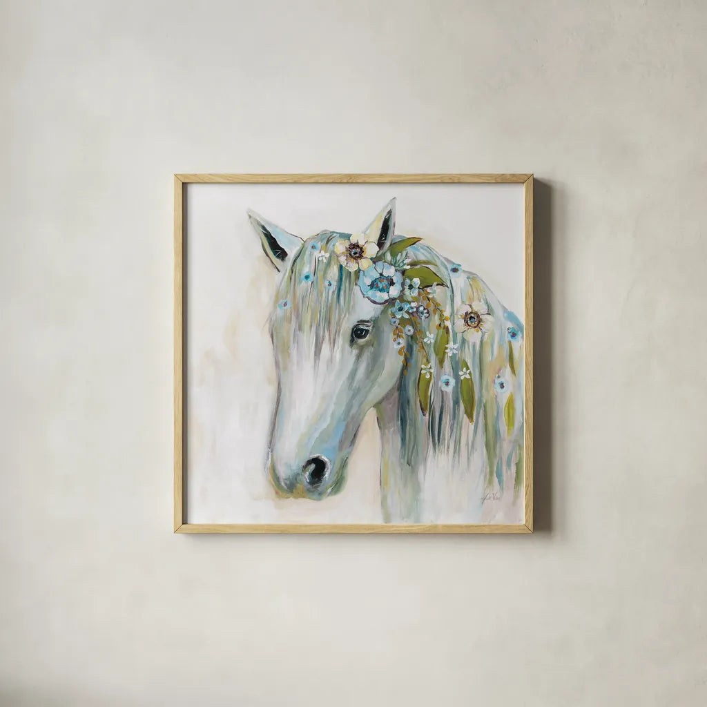 Lovely II Blue Flowers by Jeanette Vertentes. Shown in a natural wood glass frame for a timeless modern aesthetic. Available as an archival giclee rolled canvas, fine art paper, or poster print. SKU 68933a.