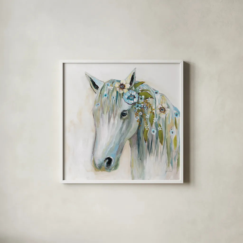Lovely II Blue Flowers by Jeanette Vertentes. Shown in a crisp white glass frame for a clean and minimalist style. Available as an archival giclee rolled canvas, fine art paper, or poster print. SKU 68933a.