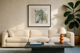 Lovely II Blue Flowers by Jeanette Vertentes. Displayed in a glass frame with matte in a clean modern living room. Available as an archival giclee rolled canvas, fine art paper, or poster print. SKU 68933a.
