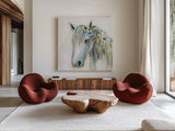 Lovely II Blue Flowers by Jeanette Vertentes. Shown as extra-large giant wall art in a modern living room. Available as an archival giclee rolled canvas, fine art paper, or poster print. SKU 68933a.