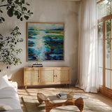Luminescence by Jeanette Vertentes. Shown in a natural wood frame in a cozy modern living room. Available as an archival giclee rolled canvas, fine art paper, or poster print. SKU 71514a.