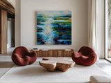 Luminescence by Jeanette Vertentes. Shown as extra-large giant wall art in a modern living room. Available as an archival giclee rolled canvas, fine art paper, or poster print. SKU 71514a.