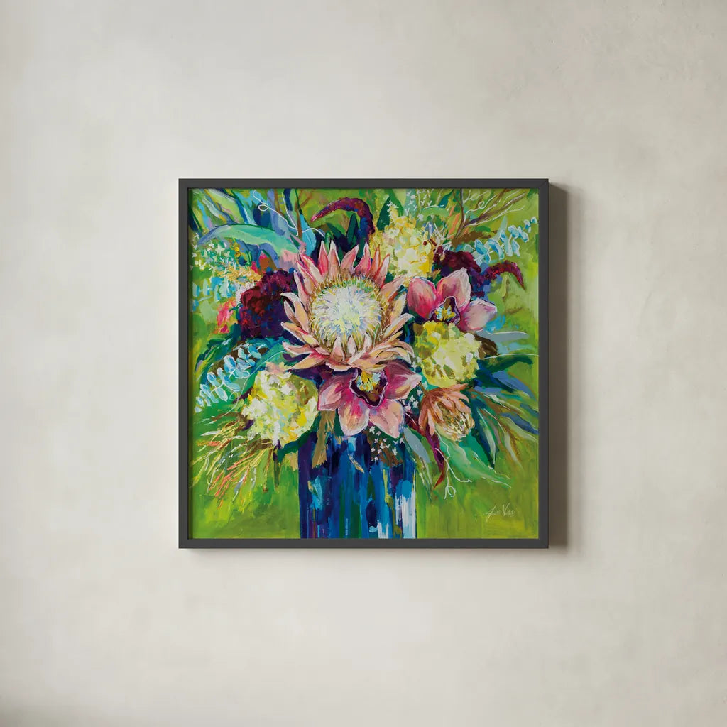 Marias Bouquet by Jeanette Vertentes. Shown in a sleek black glass frame for a contemporary gallery look. Available as an archival giclee rolled canvas, fine art paper, or poster print. SKU 78266a.