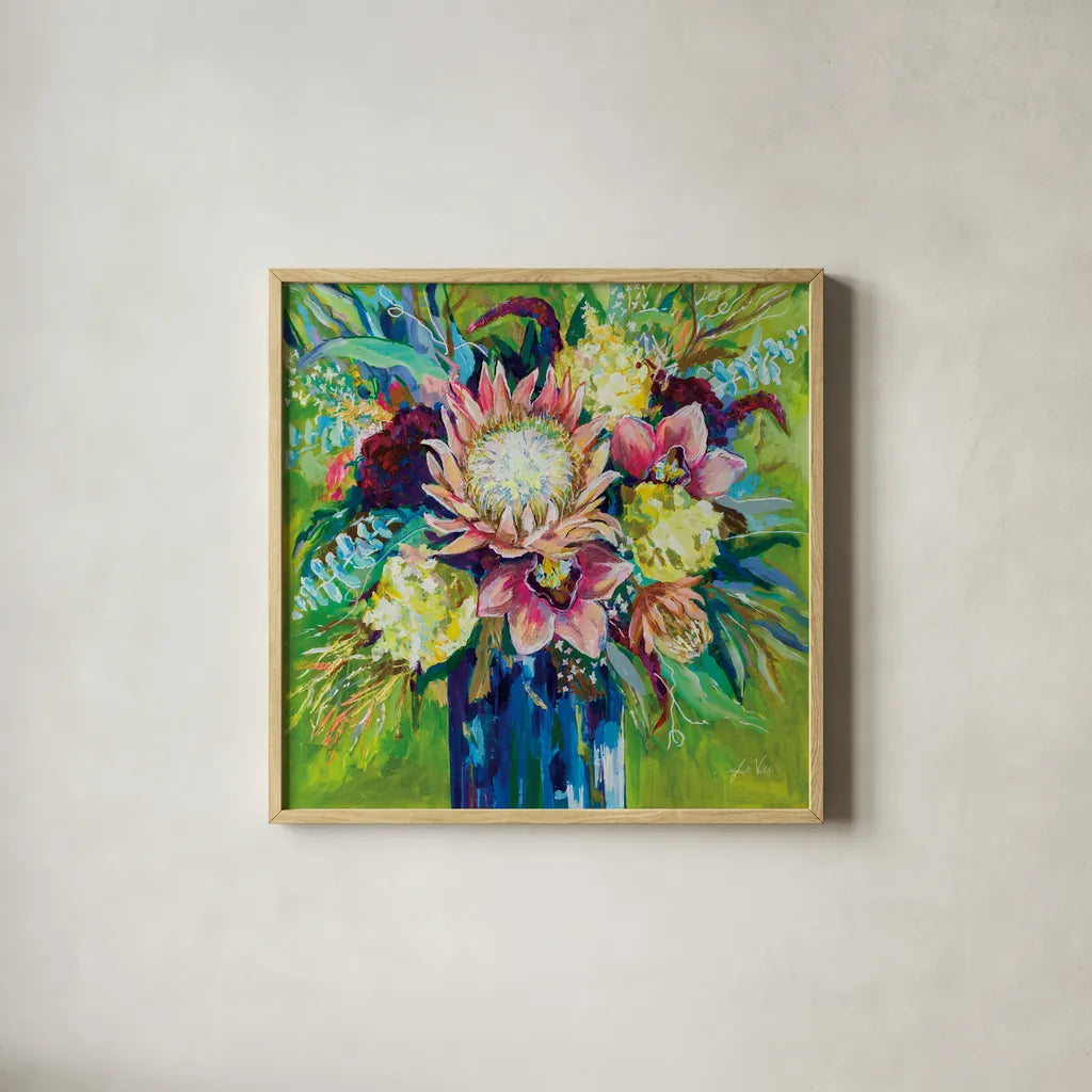 Marias Bouquet by Jeanette Vertentes. Shown in a natural wood glass frame for a timeless modern aesthetic. Available as an archival giclee rolled canvas, fine art paper, or poster print. SKU 78266a.