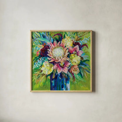 Marias Bouquet by Jeanette Vertentes. Shown in a natural wood glass frame for a timeless modern aesthetic. Available as an archival giclee rolled canvas, fine art paper, or poster print. SKU 78266a.