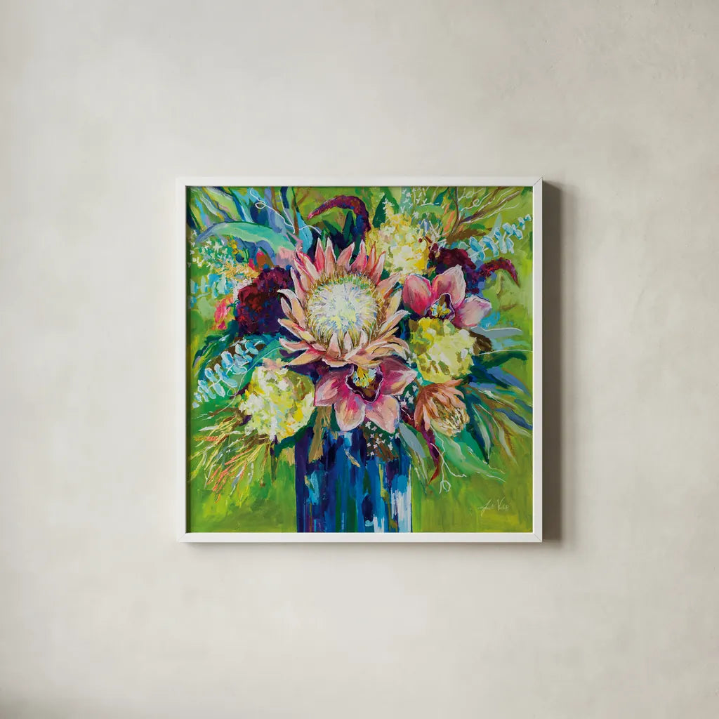 Marias Bouquet by Jeanette Vertentes. Shown in a crisp white glass frame for a clean and minimalist style. Available as an archival giclee rolled canvas, fine art paper, or poster print. SKU 78266a.