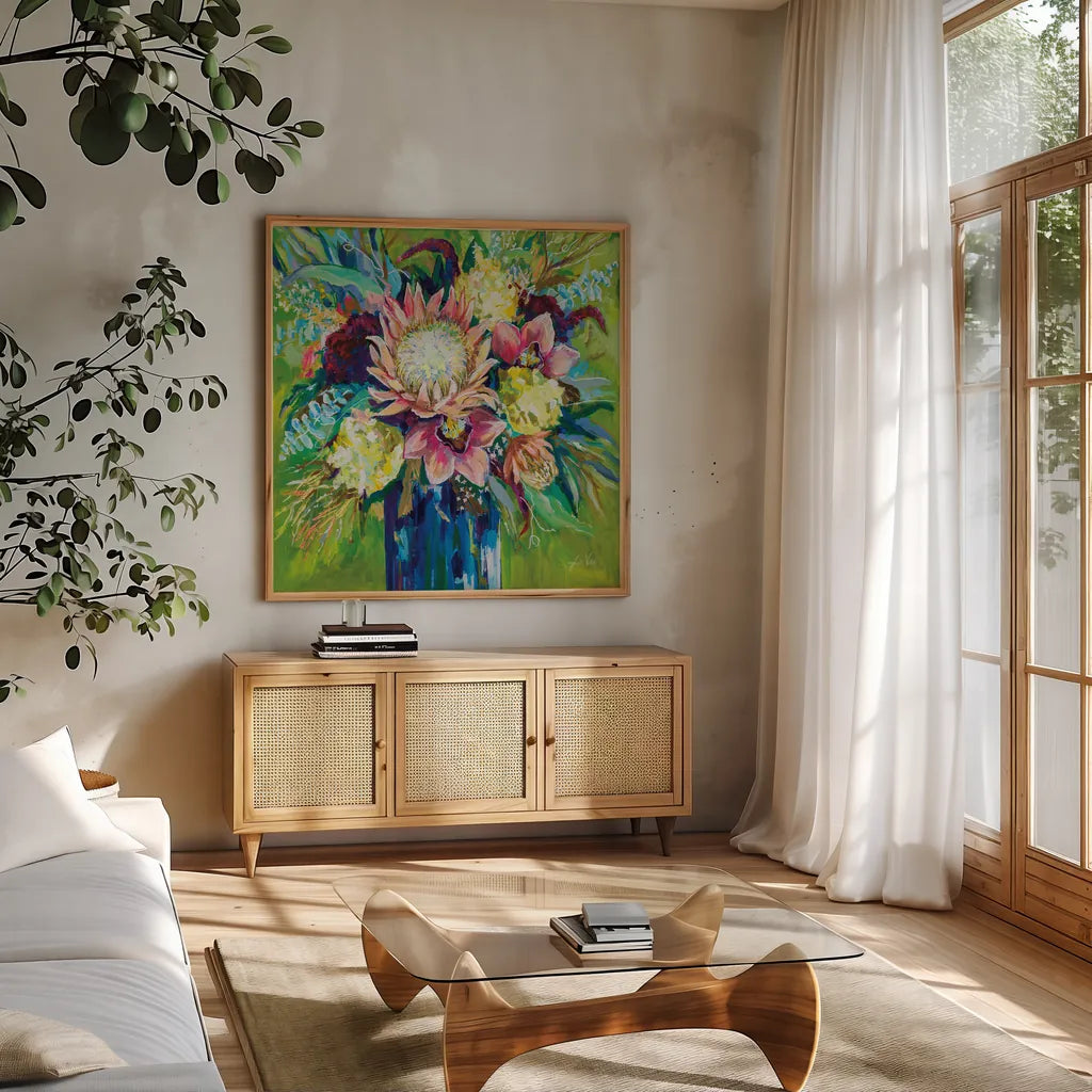 Marias Bouquet by Jeanette Vertentes. Shown in a natural wood frame in a cozy modern living room. Available as an archival giclee rolled canvas, fine art paper, or poster print. SKU 78266a.