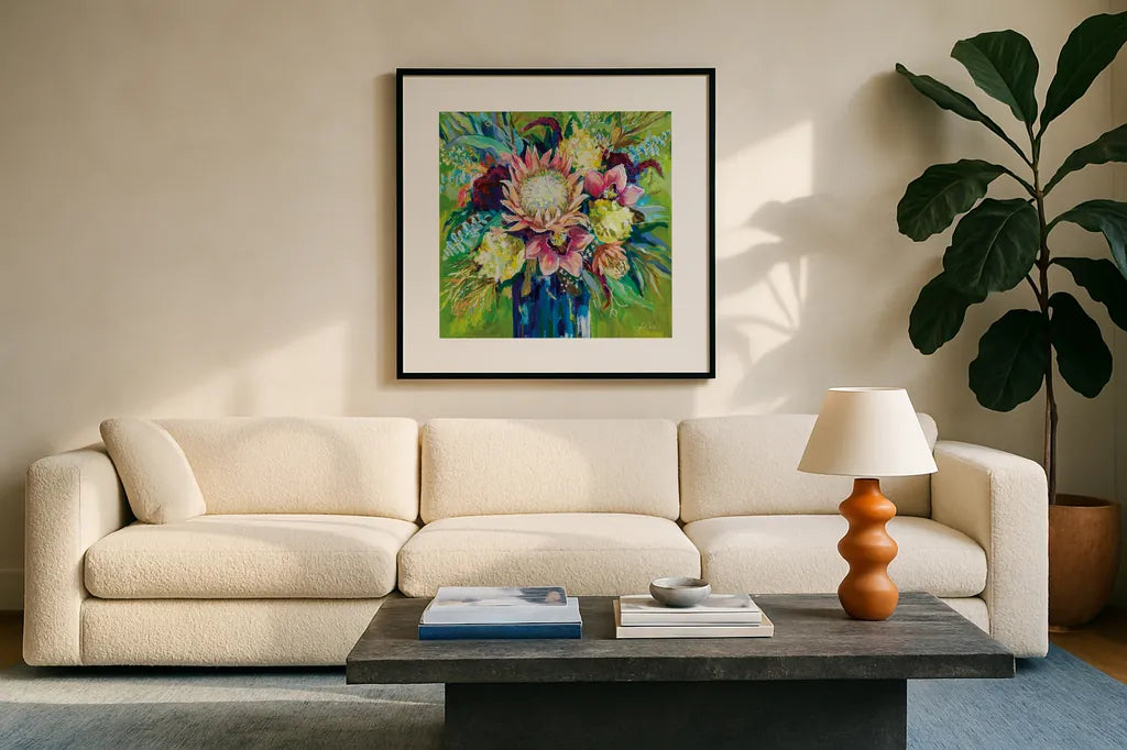 Marias Bouquet by Jeanette Vertentes. Displayed in a glass frame with matte in a clean modern living room. Available as an archival giclee rolled canvas, fine art paper, or poster print. SKU 78266a.