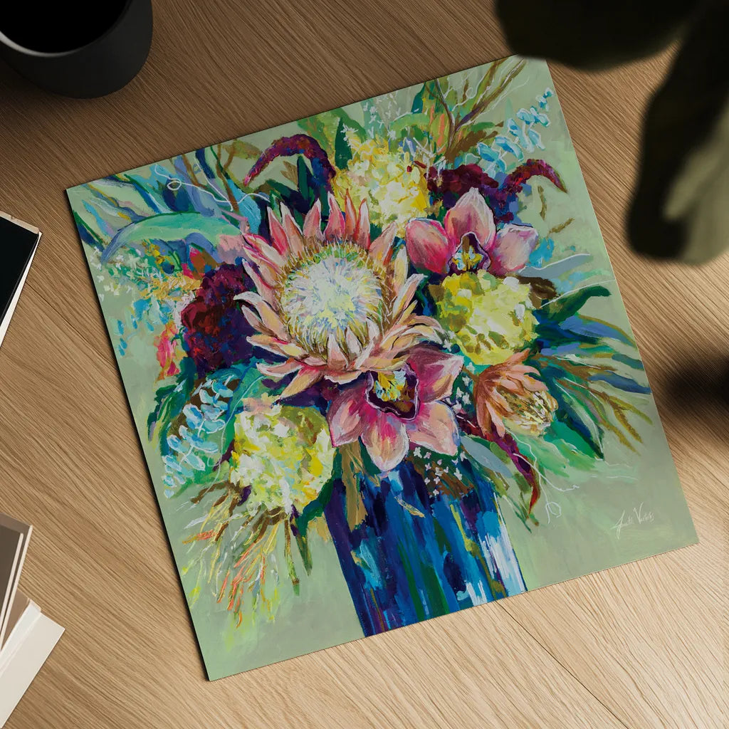 Marias Bouquet Sage by Jeanette Vertentes. Shown as a detailed flat fine art print, highlighting archival giclee quality. Available as an archival giclee rolled canvas, fine art paper, or poster print. SKU 79074a.