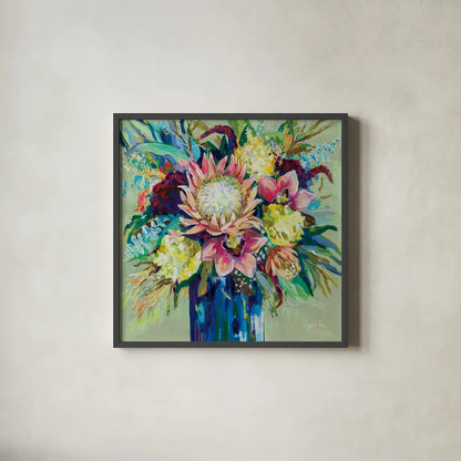 Marias Bouquet Sage by Jeanette Vertentes. Shown in a sleek black glass frame for a contemporary gallery look. Available as an archival giclee rolled canvas, fine art paper, or poster print. SKU 79074a.