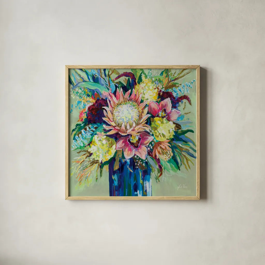 Marias Bouquet Sage by Jeanette Vertentes. Shown in a natural wood glass frame for a timeless modern aesthetic. Available as an archival giclee rolled canvas, fine art paper, or poster print. SKU 79074a.