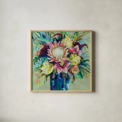 Marias Bouquet Sage by Jeanette Vertentes. Shown in a natural wood glass frame for a timeless modern aesthetic. Available as an archival giclee rolled canvas, fine art paper, or poster print. SKU 79074a.