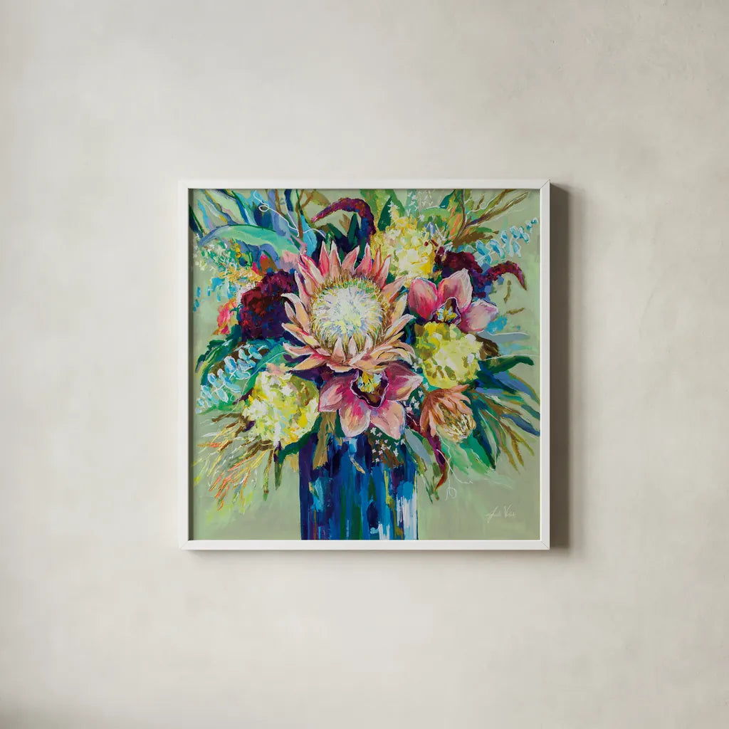 Marias Bouquet Sage by Jeanette Vertentes. Shown in a crisp white glass frame for a clean and minimalist style. Available as an archival giclee rolled canvas, fine art paper, or poster print. SKU 79074a.