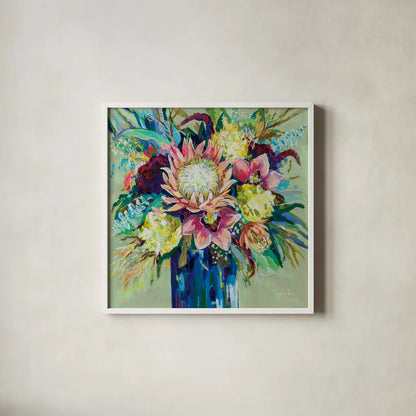 Marias Bouquet Sage by Jeanette Vertentes. Shown in a crisp white glass frame for a clean and minimalist style. Available as an archival giclee rolled canvas, fine art paper, or poster print. SKU 79074a.