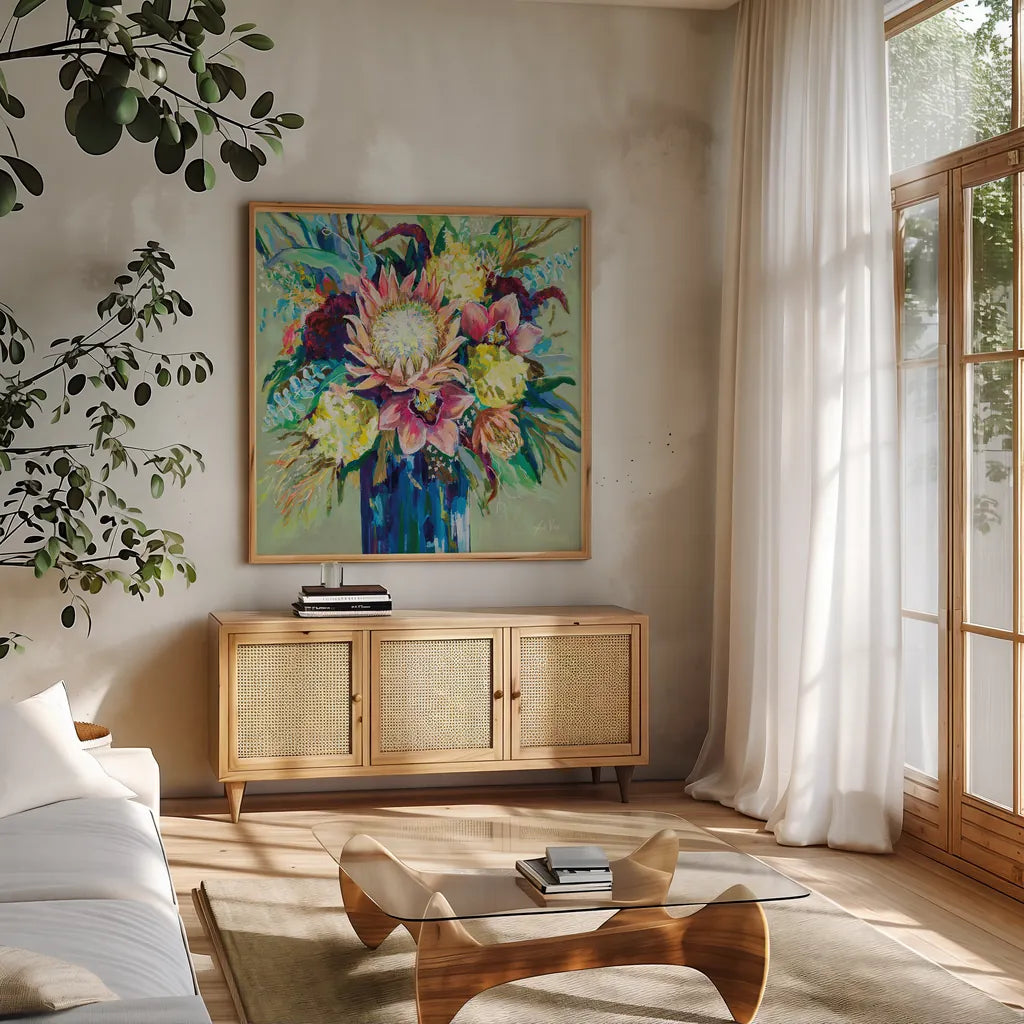 Marias Bouquet Sage by Jeanette Vertentes. Shown in a natural wood frame in a cozy modern living room. Available as an archival giclee rolled canvas, fine art paper, or poster print. SKU 79074a.