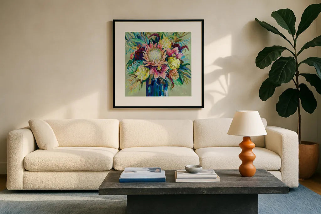 Marias Bouquet Sage by Jeanette Vertentes. Displayed in a glass frame with matte in a clean modern living room. Available as an archival giclee rolled canvas, fine art paper, or poster print. SKU 79074a.