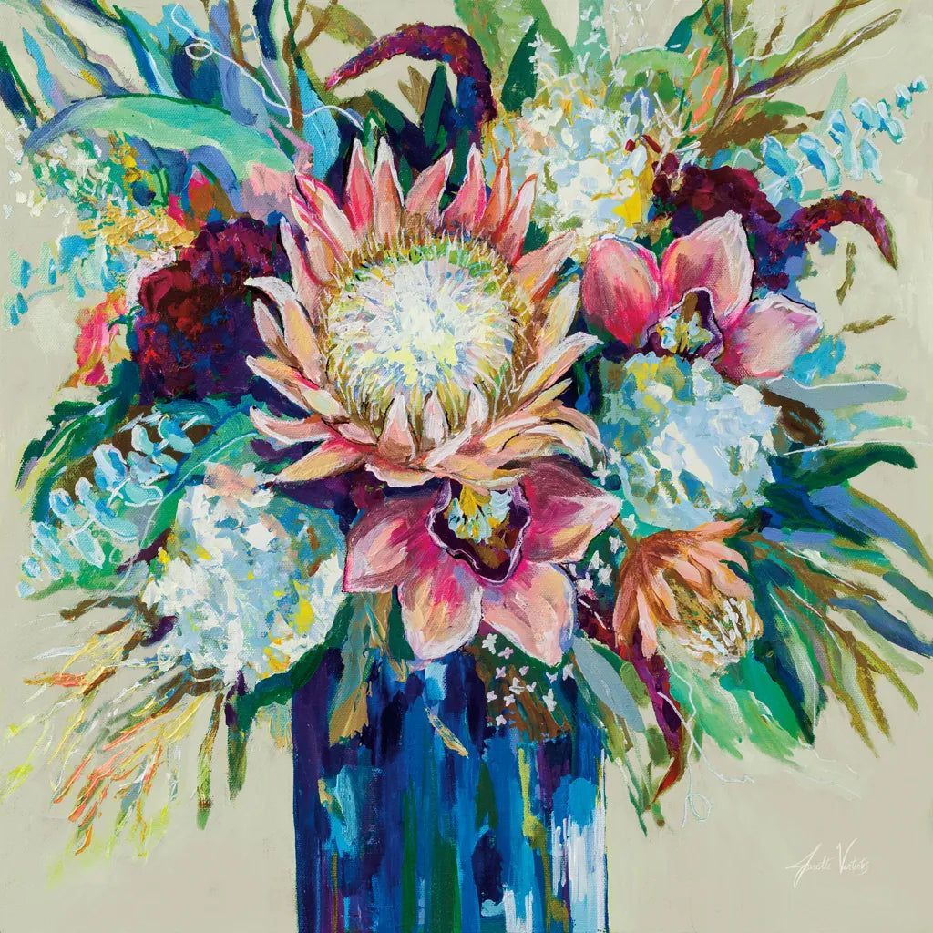 Marias Bouquet on Warm Gray by Jeanette Vertentes. SKU 78306a. Archival Giclee Fine art print for wall decor.