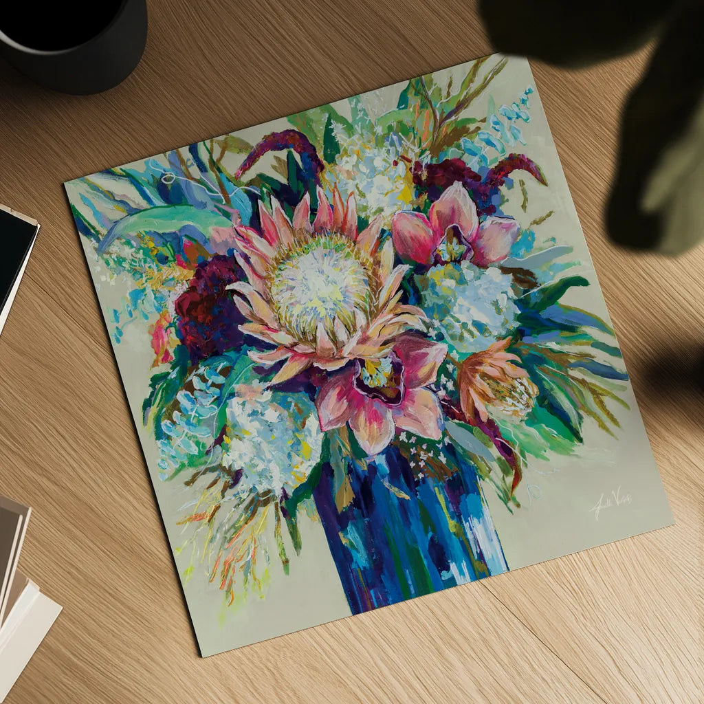 Marias Bouquet on Warm Gray by Jeanette Vertentes. Shown as a detailed flat fine art print, highlighting archival giclee quality. Available as an archival giclee rolled canvas, fine art paper, or poster print. SKU 78306a.