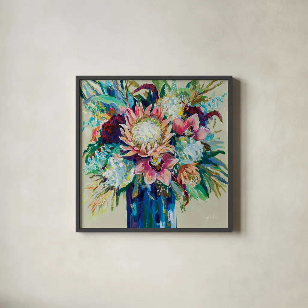 Marias Bouquet on Warm Gray by Jeanette Vertentes. Shown in a sleek black glass frame for a contemporary gallery look. Available as an archival giclee rolled canvas, fine art paper, or poster print. SKU 78306a.