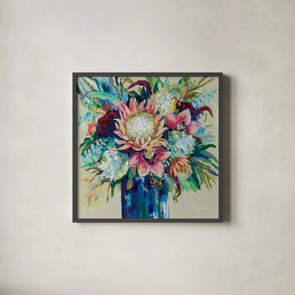Marias Bouquet on Warm Gray by Jeanette Vertentes. Shown in a sleek black glass frame for a contemporary gallery look. Available as an archival giclee rolled canvas, fine art paper, or poster print. SKU 78306a.