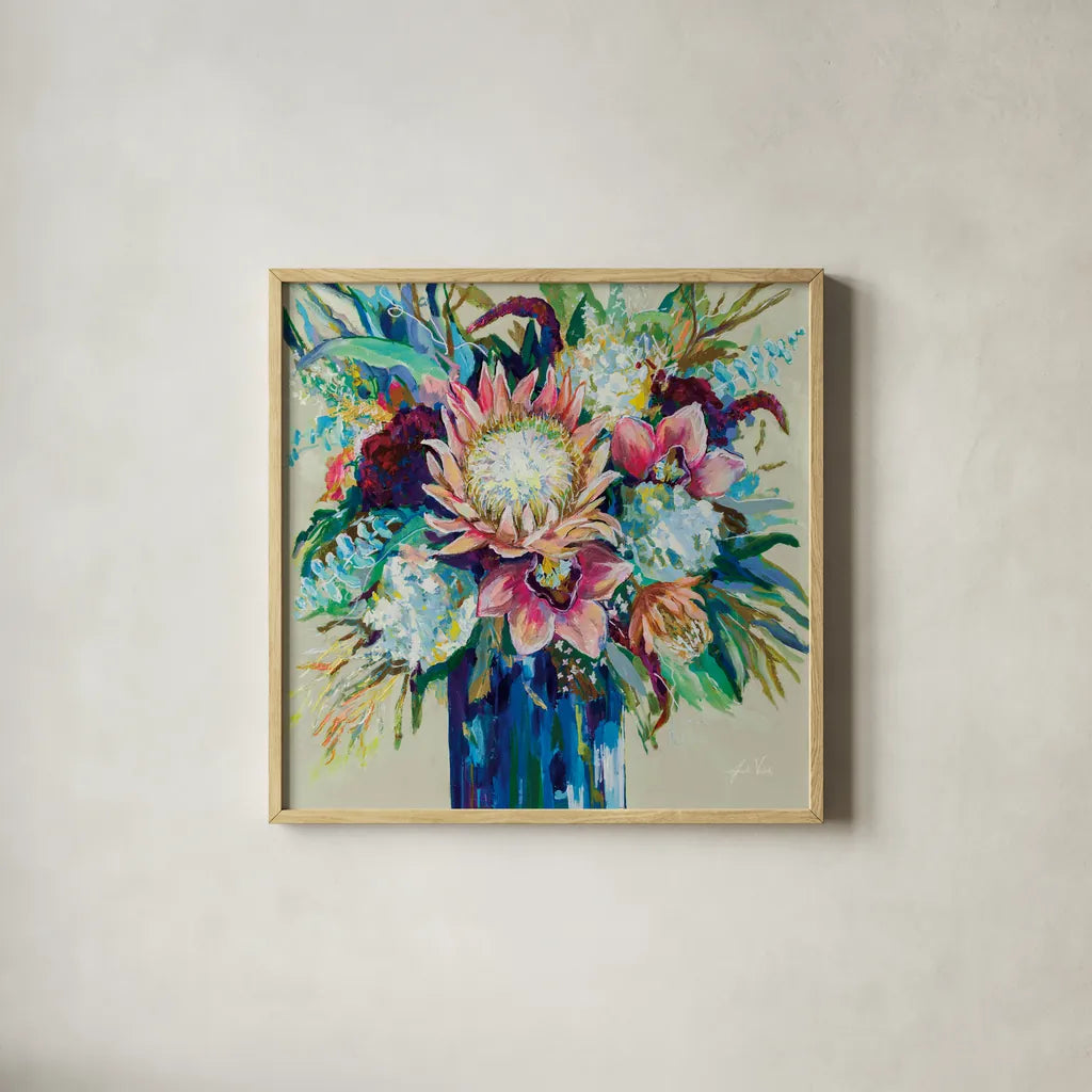 Marias Bouquet on Warm Gray by Jeanette Vertentes. Shown in a natural wood glass frame for a timeless modern aesthetic. Available as an archival giclee rolled canvas, fine art paper, or poster print. SKU 78306a.