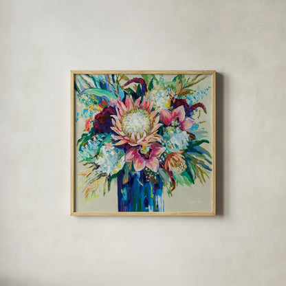 Marias Bouquet on Warm Gray by Jeanette Vertentes. Shown in a natural wood glass frame for a timeless modern aesthetic. Available as an archival giclee rolled canvas, fine art paper, or poster print. SKU 78306a.