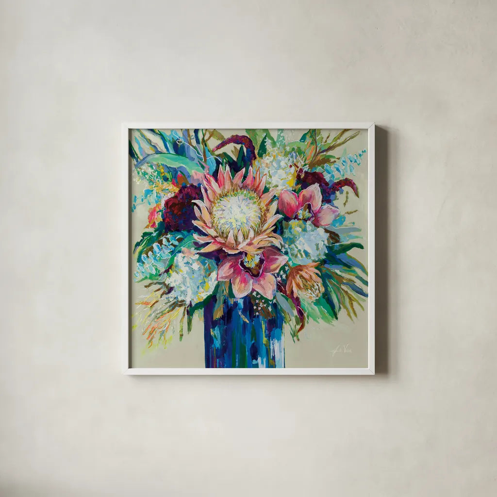 Marias Bouquet on Warm Gray by Jeanette Vertentes. Shown in a crisp white glass frame for a clean and minimalist style. Available as an archival giclee rolled canvas, fine art paper, or poster print. SKU 78306a.