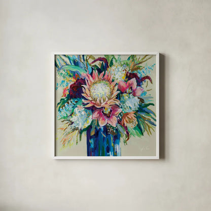 Marias Bouquet on Warm Gray by Jeanette Vertentes. Shown in a crisp white glass frame for a clean and minimalist style. Available as an archival giclee rolled canvas, fine art paper, or poster print. SKU 78306a.