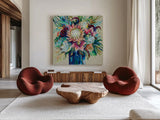 Marias Bouquet on Warm Gray by Jeanette Vertentes. Shown as extra-large giant wall art in a modern living room. Available as an archival giclee rolled canvas, fine art paper, or poster print. SKU 78306a.