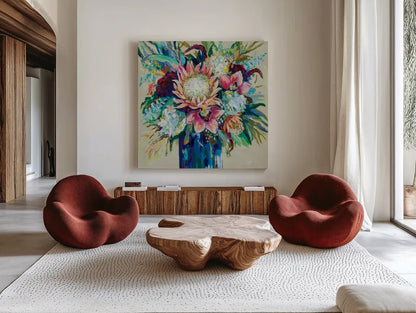 Marias Bouquet on Warm Gray by Jeanette Vertentes. Shown as extra-large giant wall art in a modern living room. Available as an archival giclee rolled canvas, fine art paper, or poster print. SKU 78306a.