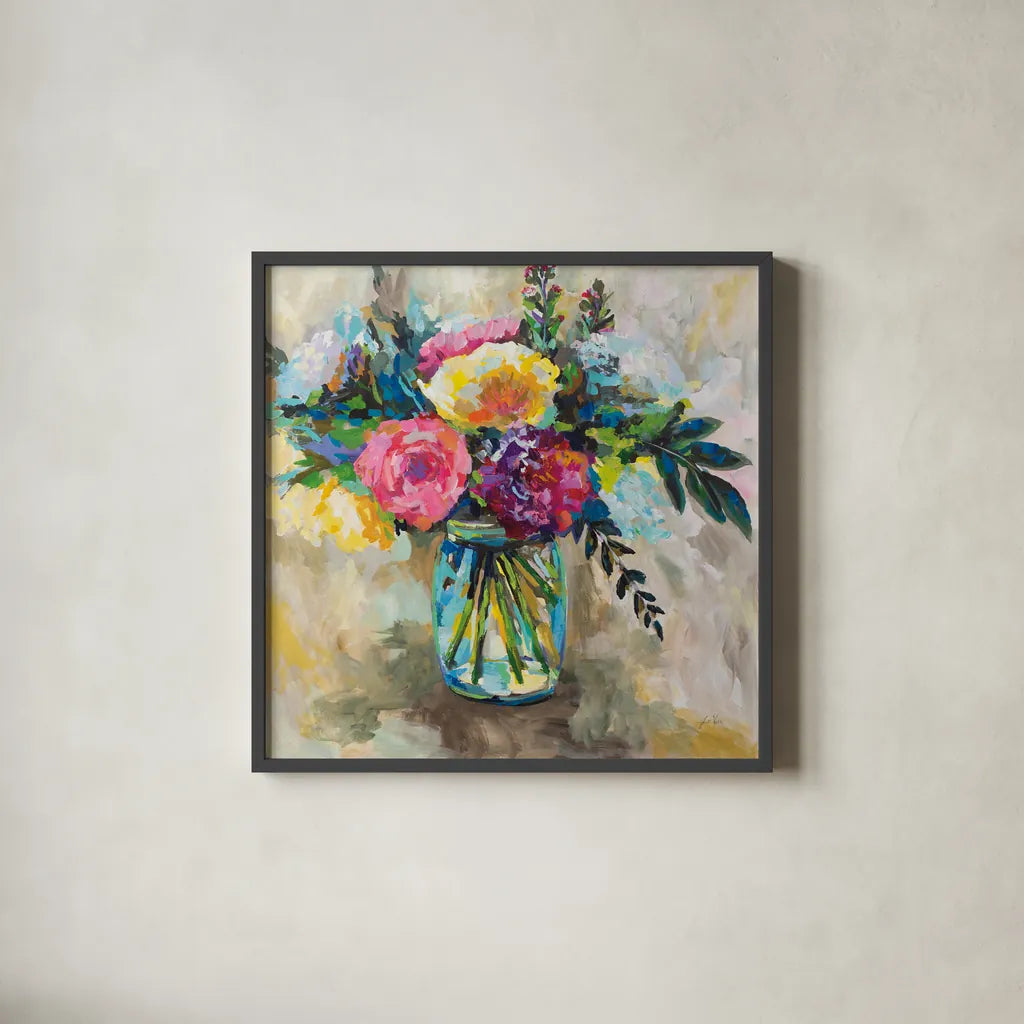 Masons Bouquet by Jeanette Vertentes. Shown in a sleek black glass frame for a contemporary gallery look. Available as an archival giclee rolled canvas, fine art paper, or poster print. SKU 55188a.