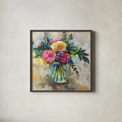 Masons Bouquet by Jeanette Vertentes. Shown in a sleek black glass frame for a contemporary gallery look. Available as an archival giclee rolled canvas, fine art paper, or poster print. SKU 55188a.
