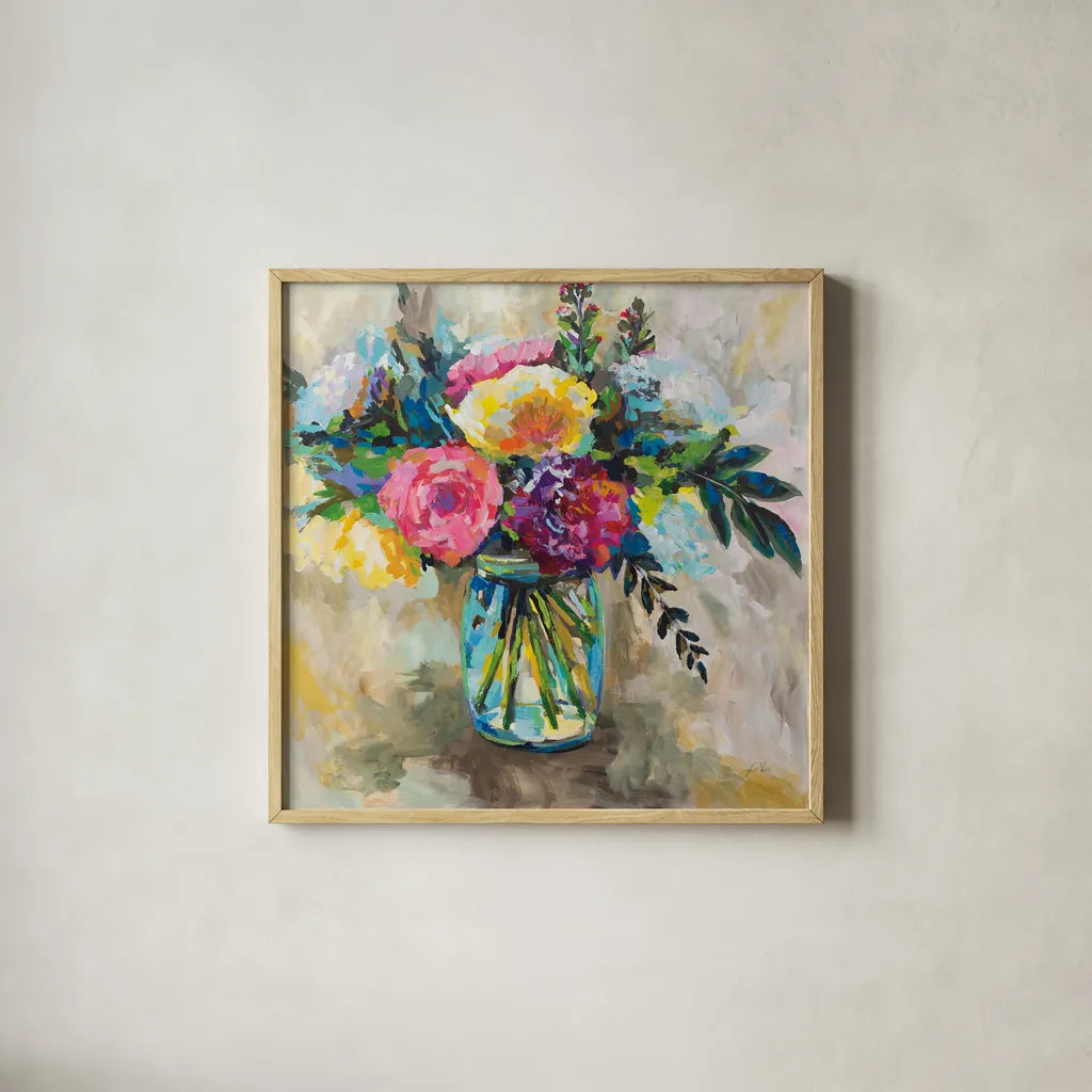 Masons Bouquet by Jeanette Vertentes. Shown in a natural wood glass frame for a timeless modern aesthetic. Available as an archival giclee rolled canvas, fine art paper, or poster print. SKU 55188a.