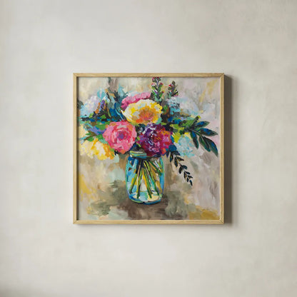 Masons Bouquet by Jeanette Vertentes. Shown in a natural wood glass frame for a timeless modern aesthetic. Available as an archival giclee rolled canvas, fine art paper, or poster print. SKU 55188a.