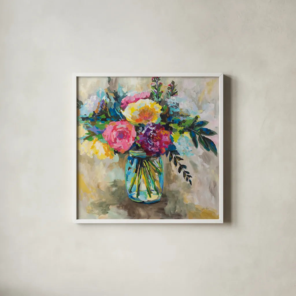 Masons Bouquet by Jeanette Vertentes. Shown in a crisp white glass frame for a clean and minimalist style. Available as an archival giclee rolled canvas, fine art paper, or poster print. SKU 55188a.