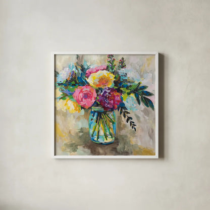 Masons Bouquet by Jeanette Vertentes. Shown in a crisp white glass frame for a clean and minimalist style. Available as an archival giclee rolled canvas, fine art paper, or poster print. SKU 55188a.