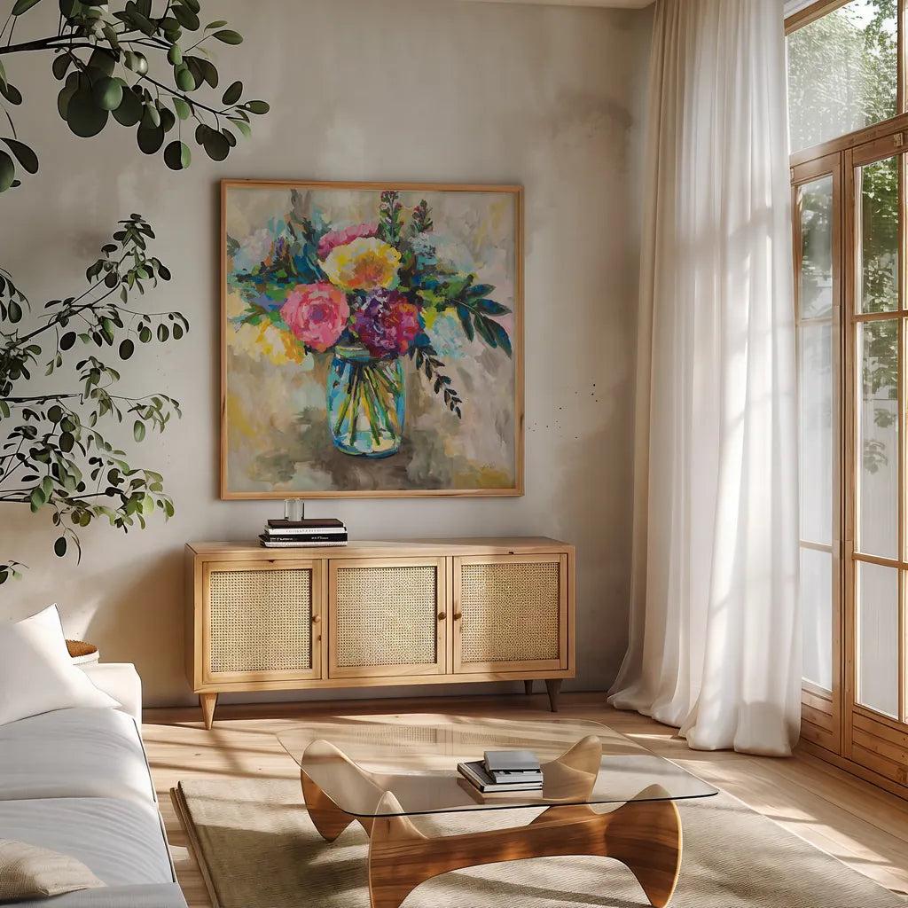 Masons Bouquet by Jeanette Vertentes. Shown in a natural wood frame in a cozy modern living room. Available as an archival giclee rolled canvas, fine art paper, or poster print. SKU 55188a.