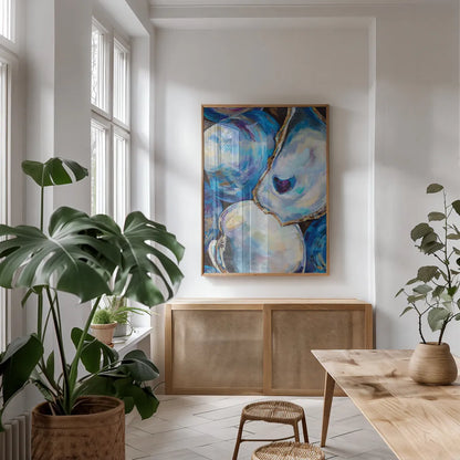 Matunuck Shells by Jeanette Vertentes. shown as a print in a natural wood frame in a dining room. Available as a archival giclee rolled canvas, fine art paper, or poster print. SKU 72149h.