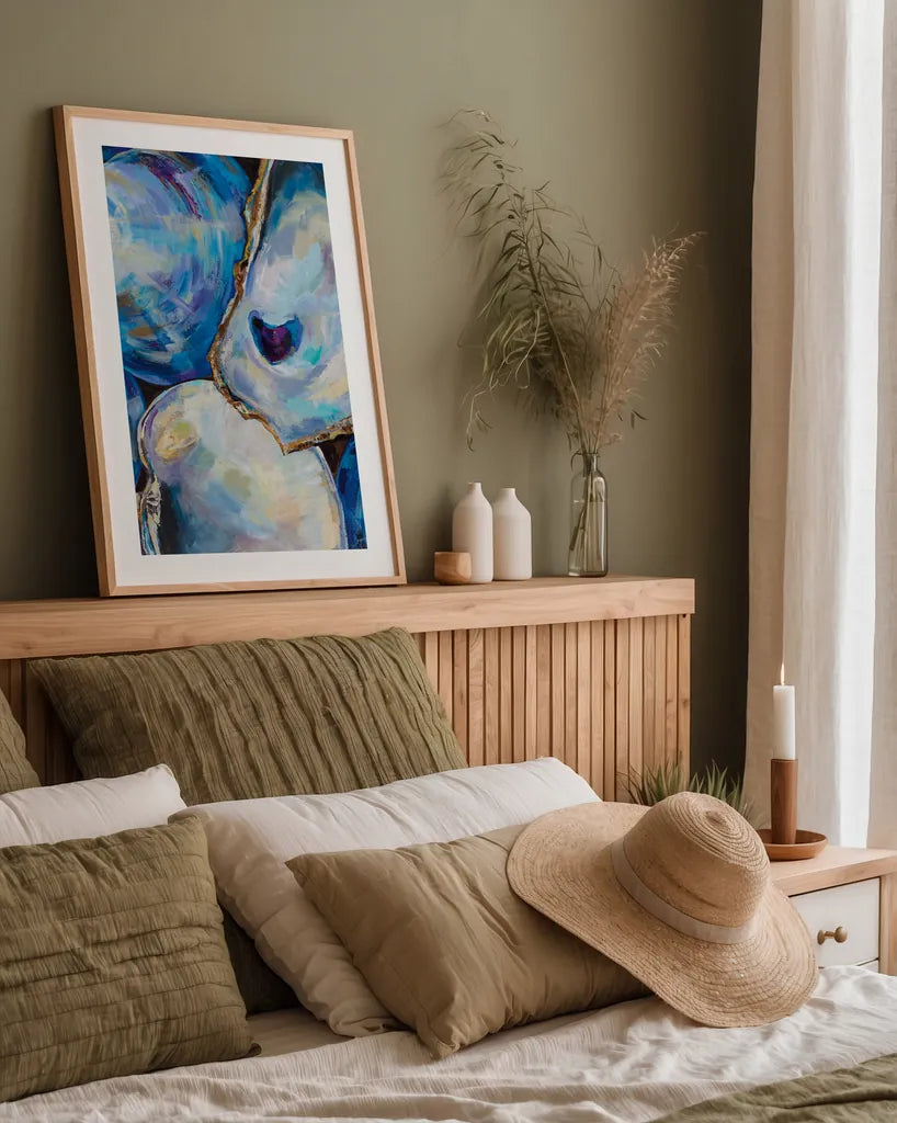 Matunuck Shells by Jeanette Vertentes. shown as a paper print in a natural frame. Available as a archival giclee rolled canvas, fine art paper, or poster print. SKU 72149h.