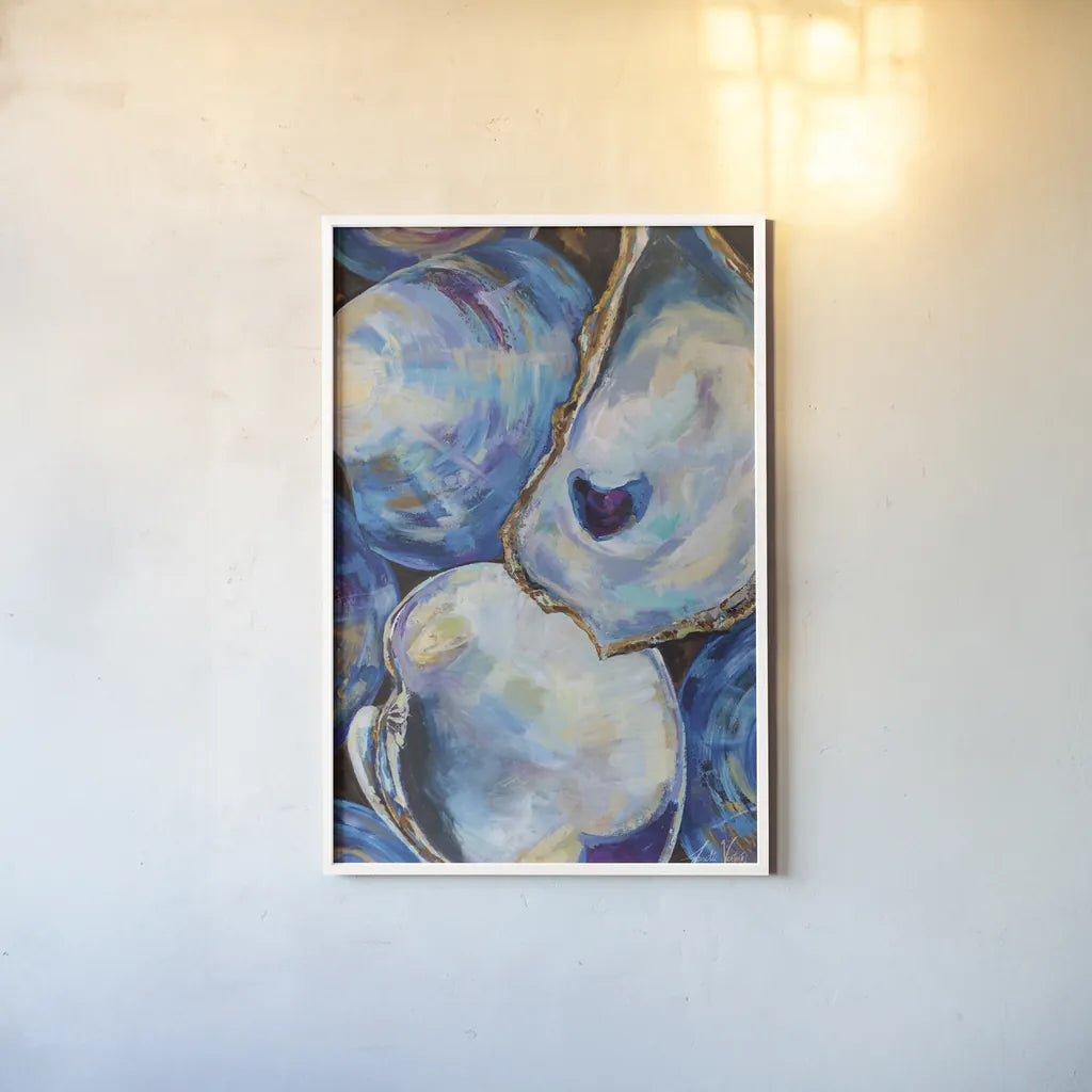 Matunuck Shells by Jeanette Vertentes. shown as a paper print in a white frame. Available as a archival giclee rolled canvas, fine art paper, or poster print. SKU 72149h.